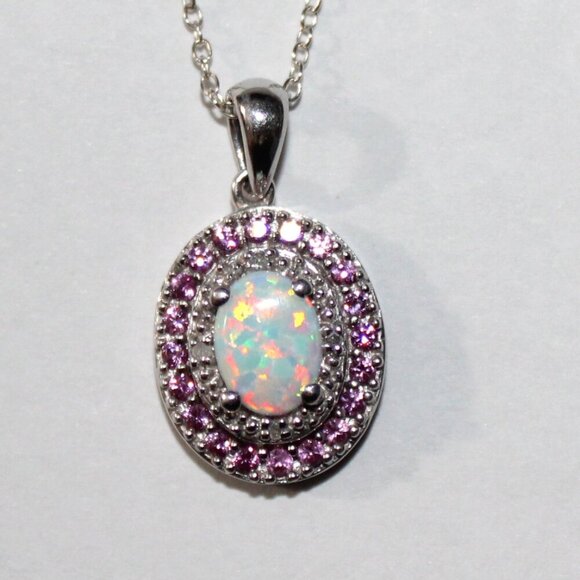 Sterling Silver Faux Opal Lab Created Ruby & Cubic Zirconia Necklace - Picture 1 of 7